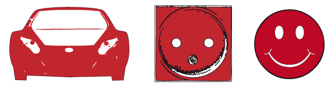 Illustrationen eines Autos, einer Steckdose und eines Smileys