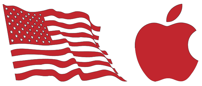 Bild der amerikanischen Flagge. Daneben das Apple-Logo.